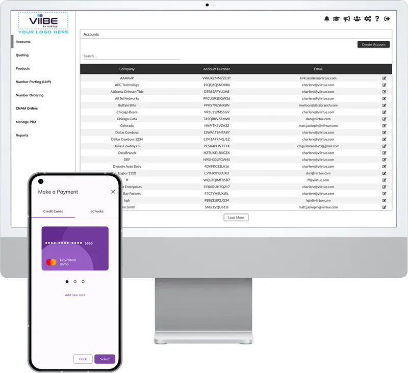A viirtue computer screen shows the back of ViiBE, the Viirtue Billing Engine