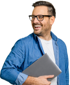 A smiling wholesale voip provider carrying a laptop computer.