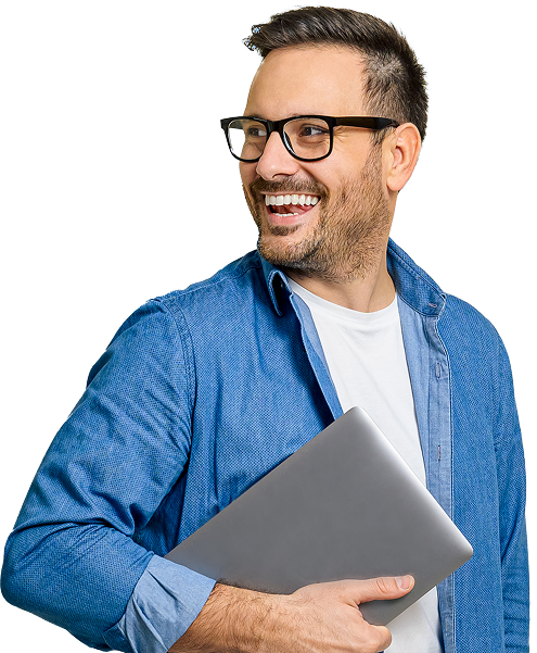 A smiling wholesale voip provider carrying a laptop computer.