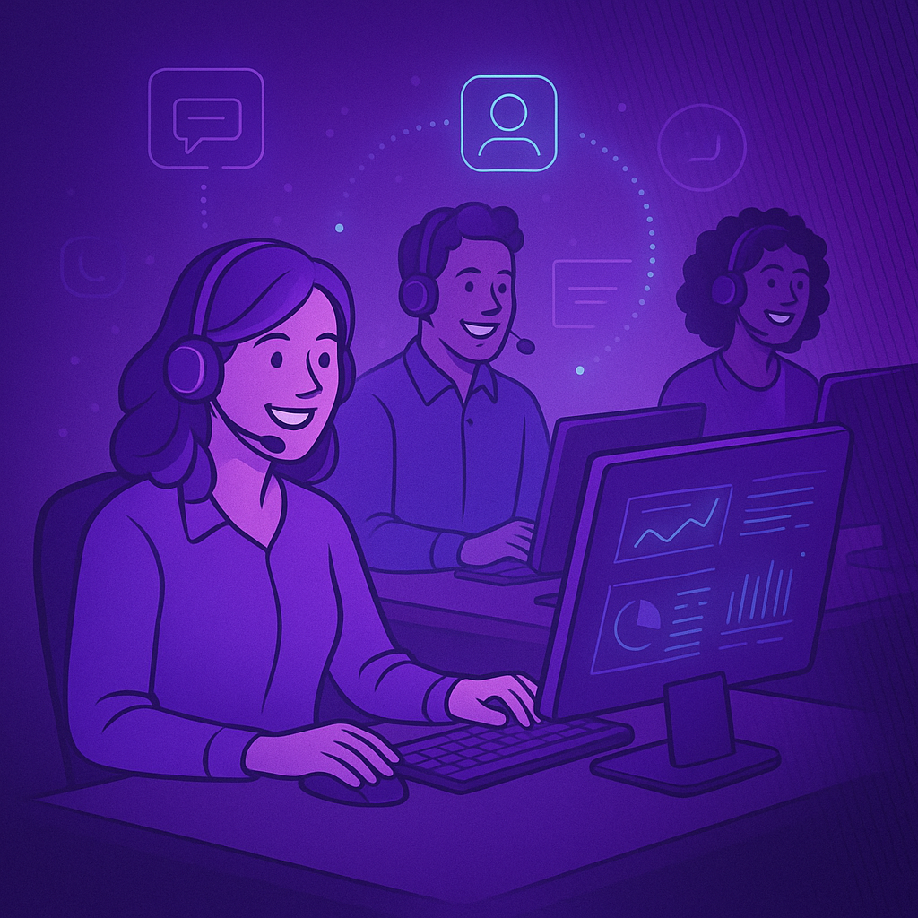 Call Center Platforms in use by a stylized group of call center employees.