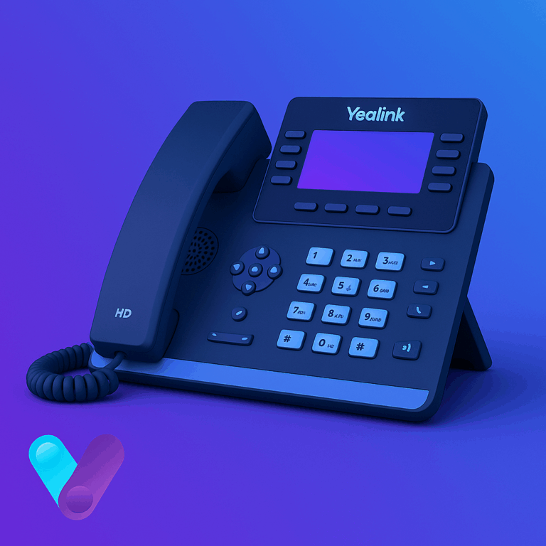 Factory reset a yealink phone stylized image of the phone with viirtue logo.