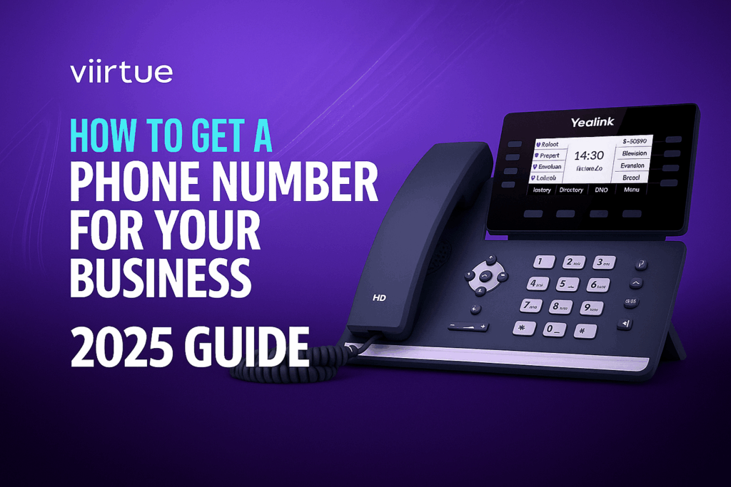 Phone number for business card with a yeaink telephone and Viirtue branding.