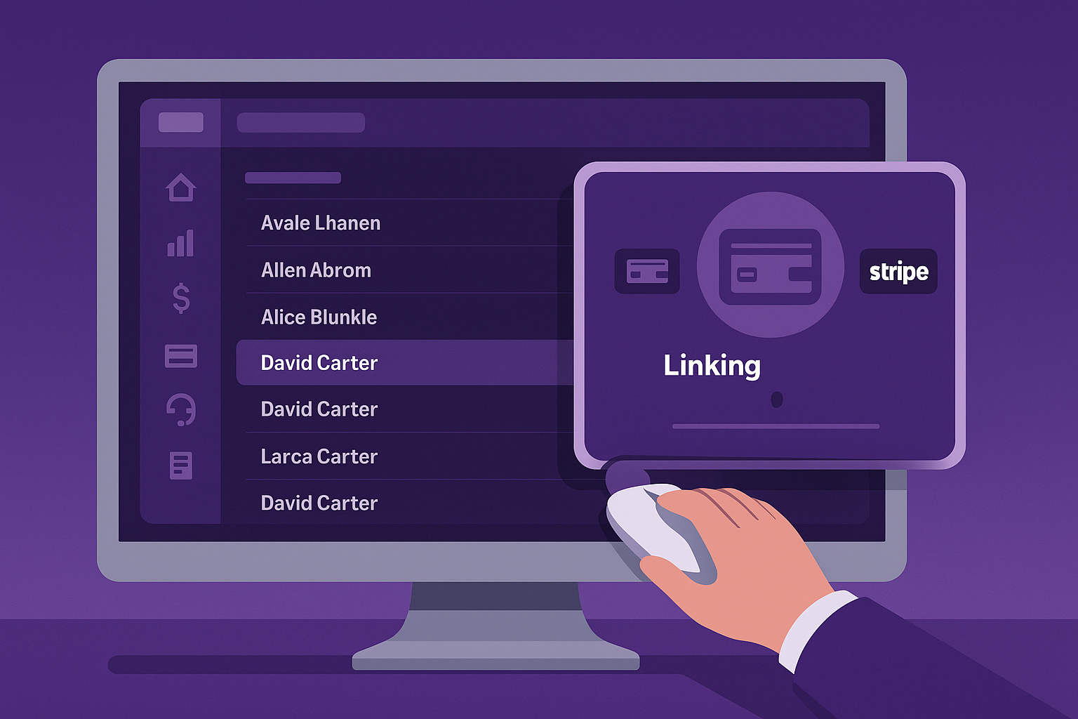 An animated and stylized image of a hand moving a mouse and linking stripe to their ViiBE account on a computer.