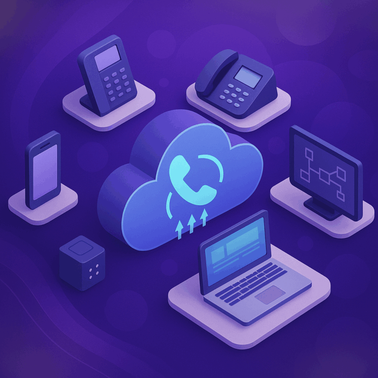 Wholesale SIP Trunk Providers for MSPs and Telcos stylized image of computers and VoIP phones hooked to a SIP trunk.